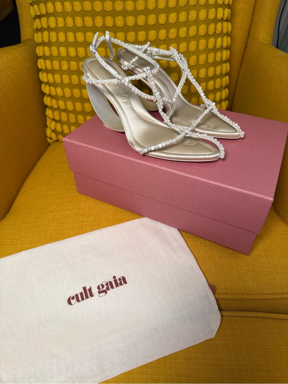 Cult Gaia Pearl-Embellished Ivory Strappy Heels